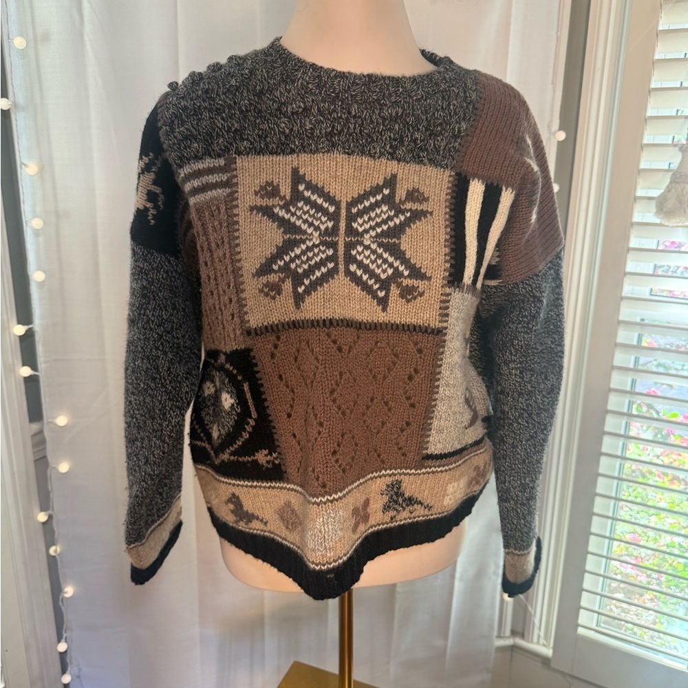 Vintage Eddie Bauer Wool Nordic Patchwork Sweater 90s Ski Cabin Size L - Picture 8 of 8